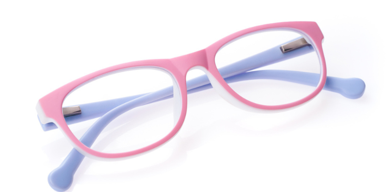 A pair of pink and purple kid’s eyeglasses on a white background