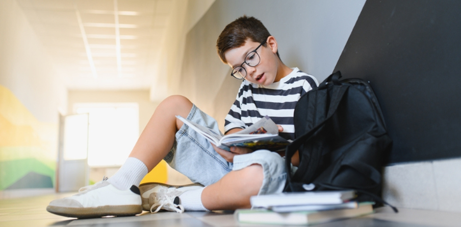 A young boy wearing eyeglasses sat on the floor in a school corridor, reading a book